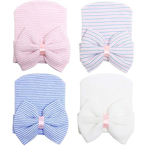 DRESHOW BQUBO 4 Pack Newborn Hospital Hat Infant Baby Hat Cap with Big Bow Soft Cute Knot Nursery Beanie