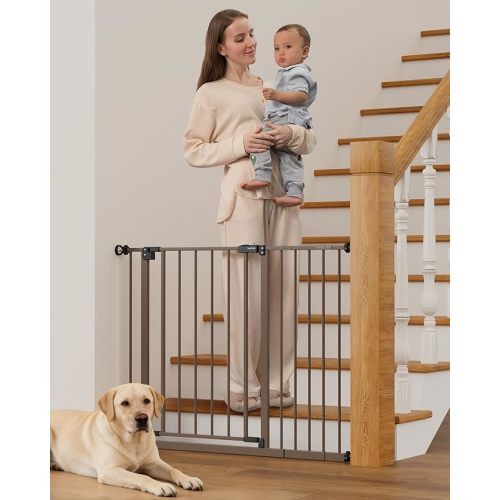 InnoTruth 29.5–40.75" Baby Gate for Stairs, 30" Tall Dog Gates for Doorways & Hallways, Safety Gate for Kids & Pets, Pressure-Mounted Walk-Through with Dual Lock & 2-Way Swing, Brown