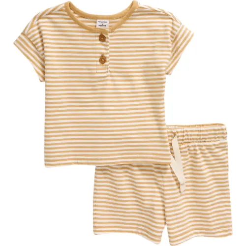 Baby Stripe Cotton Henley T-Shirt & Shorts Set, 12M, Beige Curry- White Stripe
