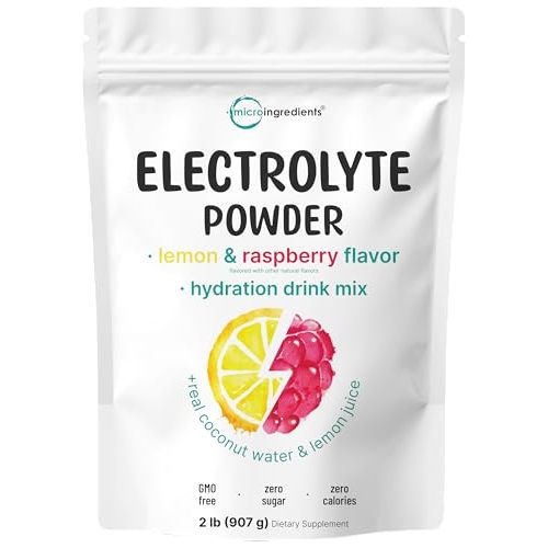 Micro Ingredients Hydration Electrolyte Powder, 2 lb (139 Servings) | Lemon Raspberry Flavor | High Potassium (1,000mg) + Coconut Water & Real Lemon Juice | No Sugar, Keto Friendly | Non-GMO