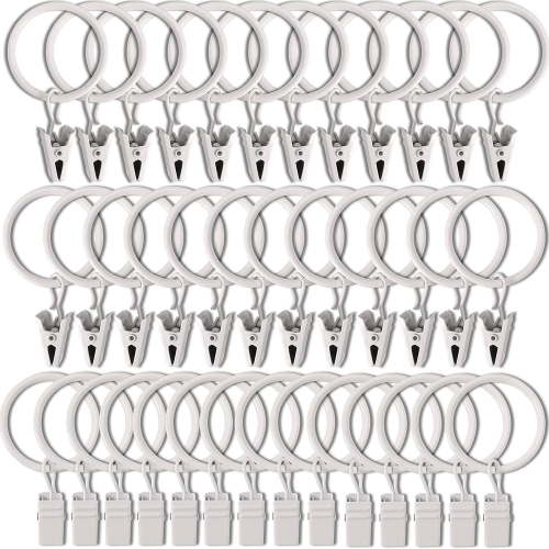 40 Pack Metal White Curtain Rings with Clips, Drapery Hooks, 1.26 in ID, Fits 1 in Rod