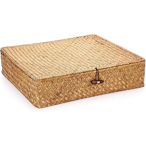 Hipiwe Flat Woven Wicker Basket Bins with Lid X-Large Natural Seagrass Storage Basket Box Multipurpose Household Basket Bins Boxes for Shelf Wardrobe Organizer, Caramel