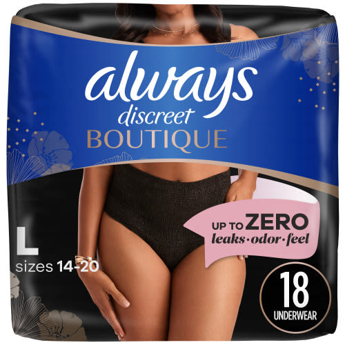 Always Discreet Boutique Incontinence and Postpartum Underwear for Women, Maximum Protection, L, Black, 18 Count