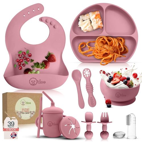 o'doe 11-Piece BPA-Free Silicone Baby Feeding Set | Thick & Soft Suction Plates, Baby Bowls, Wooden Fork & Spoon, and More | Make Mealtime Fun and Easy for Your Little One (Rose, V1)