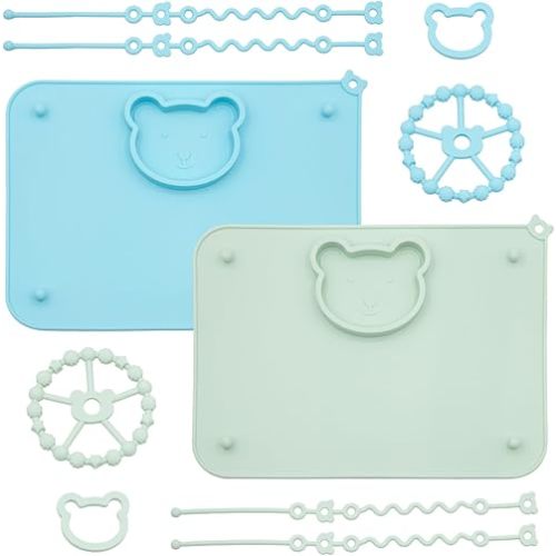 2 Pack Baby Silicone Mat with Suction Base and 4 Stretchable Straps, 6 Strong Suction Cups, Baby Placemats, Activity Mat for Infants to Toddlers, Keeps Babies Essentials Off The Floor Green Blue