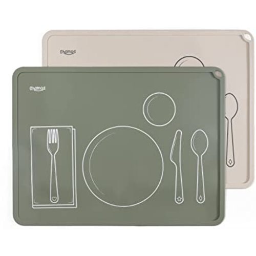 CHAMOS Montessori Placemat for Toddlers - Kids Silicone Mats for Dining Table - Set of 2 - Table Setting Learning (Sage and Beige)