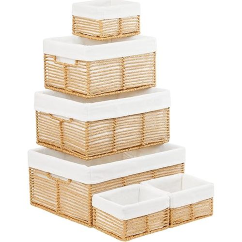 Vagusicc Wicker Storage Basket, 6 Pack Baskets for Organizing, Wicker Baskets with Handle, Rectangular Woven Basket for Storage Shelves, Cube Storage Bins for Closet/Clothes/Dresser, Natural