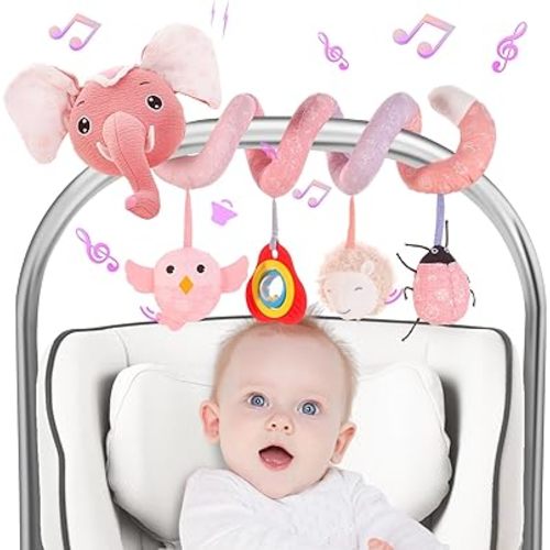 FATI Car Seat ToysBaby Toys 0-6 Months, Spiral Plush Baby Toy for Baby Crib Carseat, Sensory Toys with Squeaker Teether Rattles for 0 3 6 9 12 Months Babies Ideal Gifts