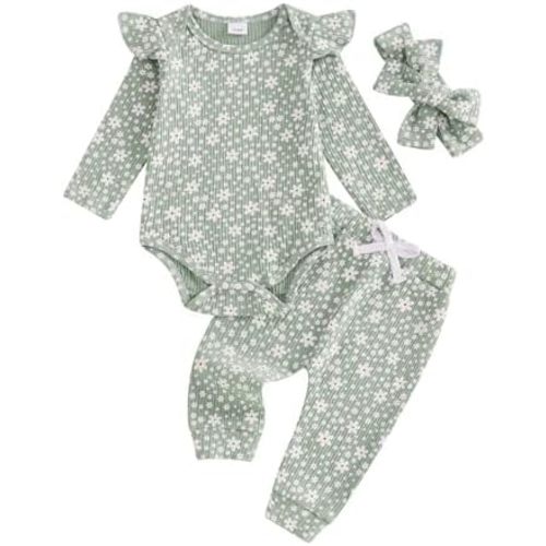 Newborn Baby Girl Outfits Flower Ribbed Ruffle Long Sleeve Romper Pant Headband 3Pcs Infant Fall Winter Clothes Set