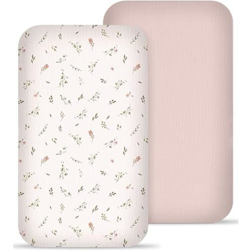 Muslin Bedside Bassinet Sheets 2 Pack, 33x20 Fitted Ultra Soft & Breathable Bedside Sleeper Sheets, Ideal for Baby Girl and Boy, Perfect for Newborns (Petal Leaf & Pink)