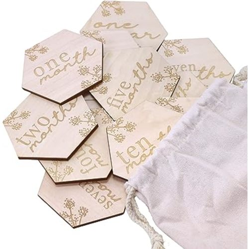 Wooden Baby Monthly Cards. Cute Floral Designs - Reversible, and Laser Engraved Blocks. Set of 24 Sayings Plus a Customizable Birth Card. Natural Wood Disc Photo Props for Boy or Girl in Keepsake Bag