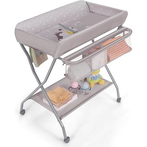 Costzon Portable Changing Table, Mobile Baby Changing Table with Wheels, Safety Belt, Large Storage Basket, Rack & Shelf, Folding Diaper Changing Station Nursery Organizer for Infant Newborn (Gray)