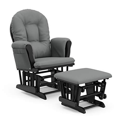 Storkcraft Premium Hoop Glider and Ottoman (Black Base, Gray Cushion) – Padded Cushions with Storage Pocket, Smooth Rocking Motion, Easy to Assemble, Solid Hardwood Base