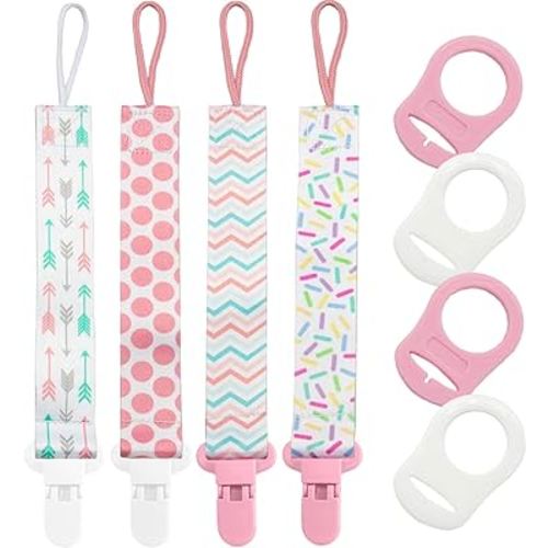 8 Pcs Dummy Clips Girls Baby Pacifier Holder Soother Clip Chain Straps with Plastic Clasp, Silicone Ring Adapter, Fit All Dummies & Soothers & Teething Toys, Newborn Essentials
