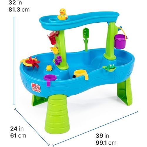 Step2 Rain Showers Splash Pond Water Table with Cover, Kids Water and Sand Activity Sensory Playset, Summer Outdoor Toys, 13-Piece Water Toy Accessories, for Toddlers 1.5+ Years Old, Blue & Green
