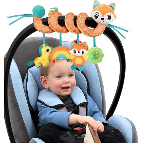 Spiral Car Seat Toys Stroller Toy for Babies - Baby Crib Hanging Rattles Toys for Babies 0-12 Months, Carseat Pram Crib with Musical Rattle Toy for Newborn Boys Girls Gifts （Fox）