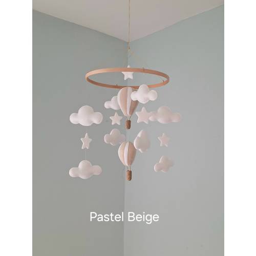 Nursery Mobile Colourful Hot Air Balloons White Cloud Stars Hanging Decoration New Baby Shower Gift Pink Green Natural Beige Gender Neutral