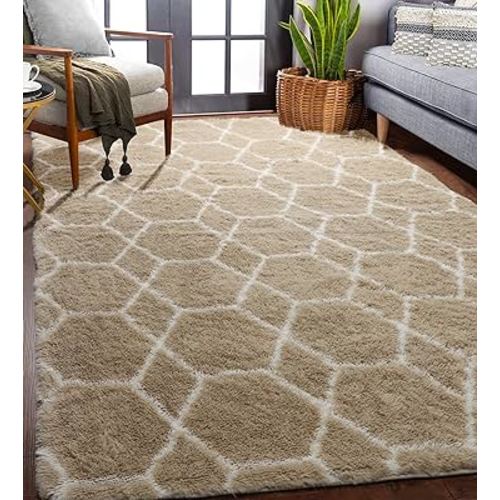 Bedroom Living Room Area Rug 5x8, Beige Geometric Rugs Floor Mat for Home Decor Aesthetic, Soft Shaggy Plush Fluffy Moroccan Carpet for Teen Nursery Playroom Dorm Classroom Office