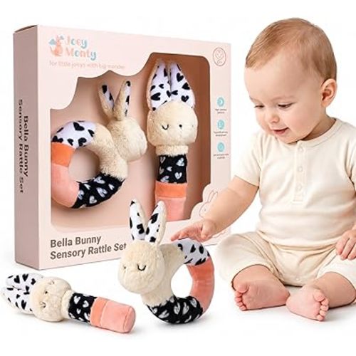 Bella Bunny Soft Baby Rattle Toys for Babies 0-6 Months (2 Pack), High Contrast Baby Toys for Newborn, Plush Baby Rattles & Rings, Baby Girl Gift