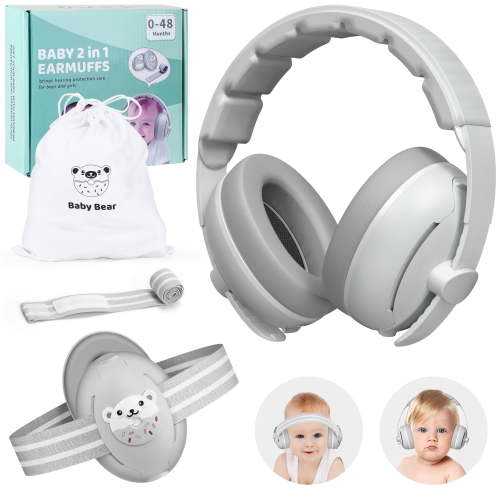 PERRYHOME 2-in-1 Baby Earmuffs Noise Cancel Hearing Protection Headphone，Adjustable Baby Headphones with Stretchy Band, Baby Airplane Ear Protection /Outdoor (Gray)