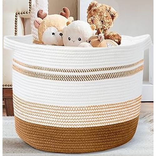 Blanket Basket 100% Cotton Rope Woven Baskets for Storage 22"x14" 90L XXX-Large Laundry Basket with Soft Handle Rope Basket for Living Room, Toy, Pillow & Clothes - Brown & White