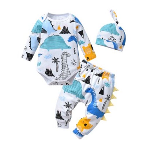 Newborn Infant Baby Boy Clothes Animal Style Long Sleeve Romper + Pants + Hat 3PCS Outfits Set White 0-3 Months