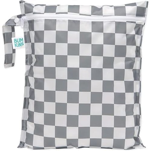 Bumkins Waterproof Wet Bag for Baby, Travel, Swim Suit, Cloth Diapers, Pump Parts, Pool, Gym Clothes, Toiletry, Strap to Stroller, Daycare, Zipper Reusable Bag, Wetdry Packing Pouch, Charcoal Check