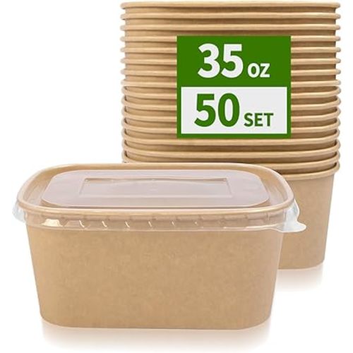 50 Pack 35 oz Paper Food Containers with Lids, Paper Meal Prep Containers with Lids, Cardboard Food Containers Freezer Safe and Take Out Use