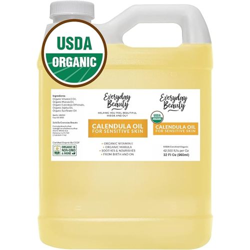 Organic Calendula Oil For Sensitive Skin -Bulk 32 Fl Oz- USDA Organic Certified 100% All Natural Plant Based, Lightweight & Unscented Gentle Soothing Oil For Sensitive Skin - For Face, Skin & All Over