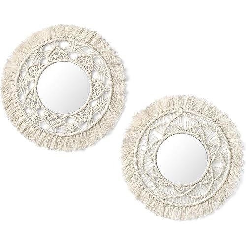 Mkono Hanging Wall Mirror with Macrame Fringe 2 Set Small Round Decoration Boho Antique Mirror for Apartment LivingRoom Bedroom Baby Nursery,Beautiful Gift Ideas