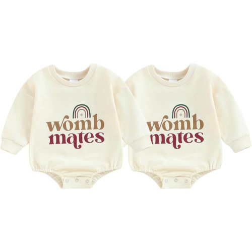 YOKJZJD Newborn Baby Girl Boy Twins Matching Outfits Womb Mates Long Sleeve Bubble Romper Bodysuit Fall Coming Home Outfit