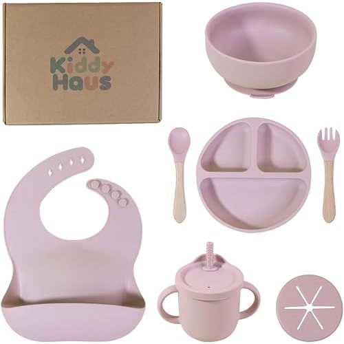 Silicone Baby Feeding Set | BPA-FREE |9 PCS Baby Led Weaning Supplies Self Feeding Utensils | Divided Suction Plate Bowl Bib Training Sippy Cup Spoon Fork (Pink)