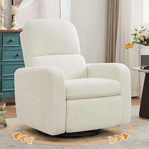 Swivel Rocker Recliner, Oversized Boucle Glider Recliner Nursery Chair, Manual Swivel Rocking Reclining Chair with Removable Cushion and Lumbar Support for Nursery Living Room Bedroom, White