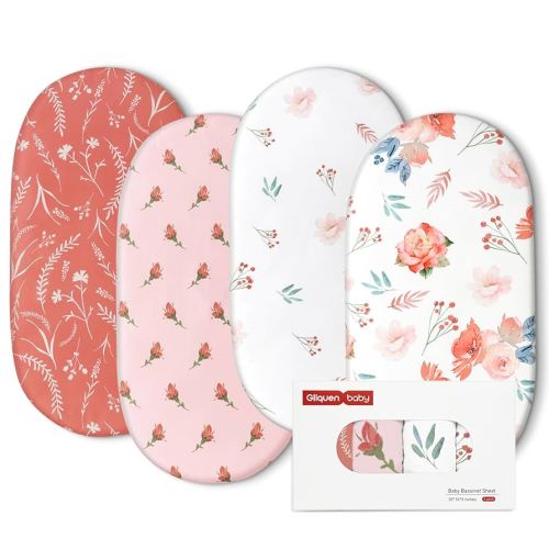 Gllquen Baby Bassinet Sheets 4 Pack, Breathable Cozy Fitted Mattress Sheet, Elastic Travel Crib Fashionable Floral Pattern, Standard Cradle Safe Sheets for Baby Boy Girls 32"X16" (Flower)