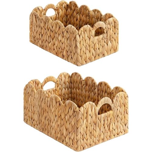 StorageWorks Scalloped Edge Wicker Basket, Hand-woven Rattan Baskets with Built-in Handles, Water Hyacinth Basket for Organizing and Decor, 2 Pack
