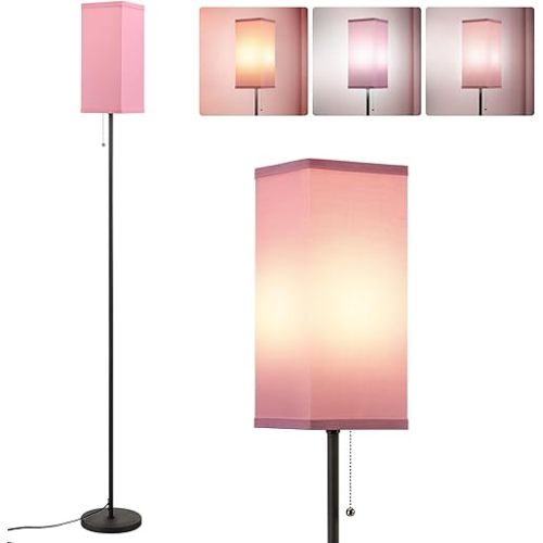 Pink Floor Lamps for Bedroom Modern- 3 Color Temperature Standing Lamps with Pull Chain Switch, Tall Lamp for Office Home Nursery and Hotel, Pole Lamp for Kids Room Reading Girls