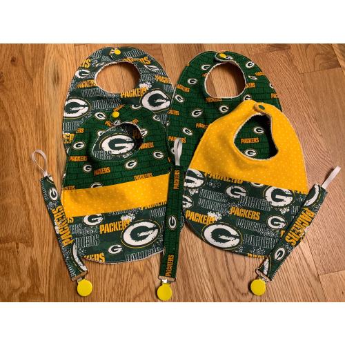 Green Bay Packers Gear for Baby - Bibs in various patterns with and without pacifier clip, lovey blankets and burp pads