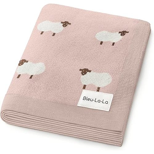 Luxury Knit Baby Receiving Blanket - 100% Cotton Soft Cozy Lightweight Receiving Swaddler Crib Stroller Blanket for Shower Gift Registry for Newborns Infants Toddlers (Sheep - Light Pink)