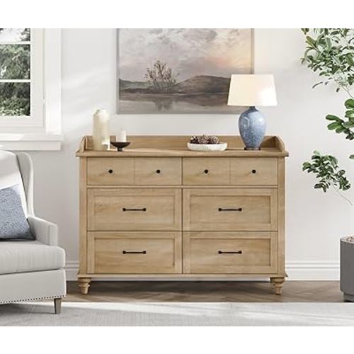 WAMPAT Dresser for Bedroom with 6 Drawers, Kids Dressers with Wide Chest of Drawers, Mid Century Modern Wooden Closet Storage Organizer for Living Room, Nursery, Hallway, Rustic Oak