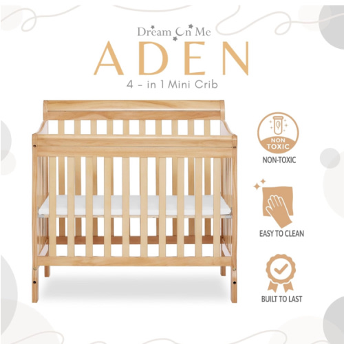 Dream On Me Aden 4-in-1 Convertible Mini Crib In Natural, Greenguard Gold Certified, Non-Toxic Finish, New Zealand Pinewood, With 3 Mattress Height Settings