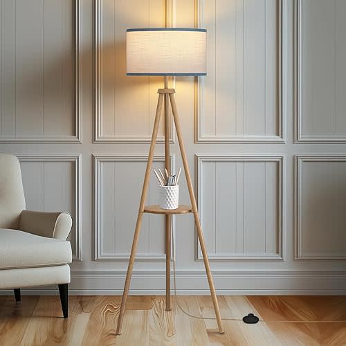 Floor Lamp with 3 Light Modes Adjustable– Wood Tripod Floor Lamp Modern LED Standing Lamp with Dimmable Brightness, Perfect for Living Room, Bedroom, and Office, Burlywood