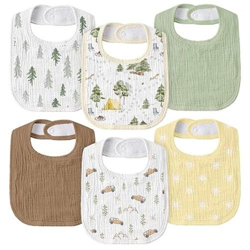 GLLQUEN BABY Muslin Drool Bibs for Boys Girls 6 Pack, Adjustable Baby Bibs for Drooling and Teething, Soft Cotton Baby Bandana Bib for Newborn Feeding Essentials (Cross-country Adventure)