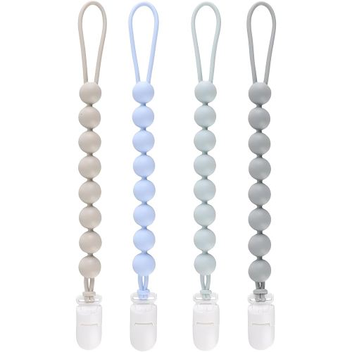4-Pack Silicone Pacifier Clips for Baby Boys and Girls - with One-Piece Beads, Flexible and Rust-Free Holders for Teething Relief and Baby Essentials - Safe for Newborns (Grey)