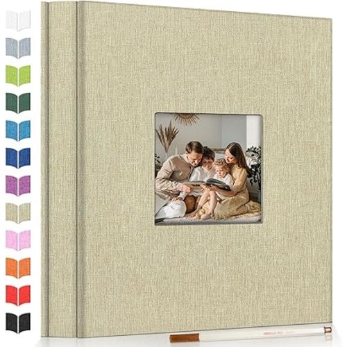 Photo Album Self Adhesive Scrapbook Album for 3x5 4x6 5x7 8x10 Pictures,60 Pages Linen Cover with Display Window DIY Photo Book,Ideal Gifts for Family Travel Wedding Baby