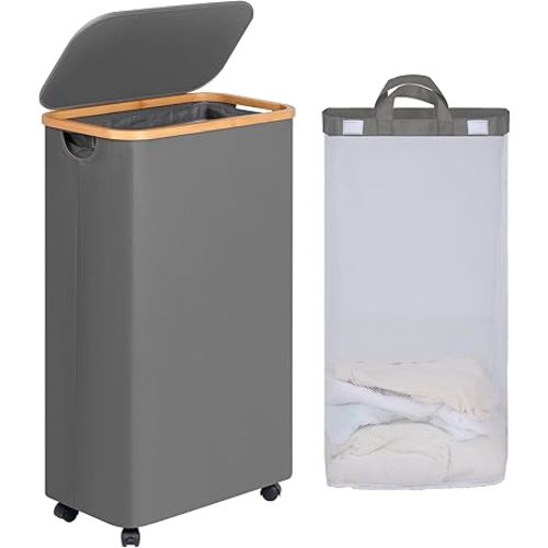 Slim Laundry Basket with Wheels, Narrow Rolling Laundry Hamper with Lid and Removable Bag, Aesthetic Dirty Clothes Hamper on Wheels for Laundry Room, Bedroom, Dorm and Bathroom, 75L Grey