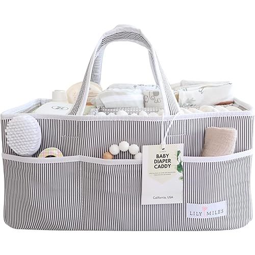 Lily Miles Baby Diaper Caddy Organizer - Baby Shower Basket for Newborn Boys or Girls - Nursery Must Haves for New Mom - Baby Registry Favorites - Large Storage Tote for Changing Table or Car, Gray