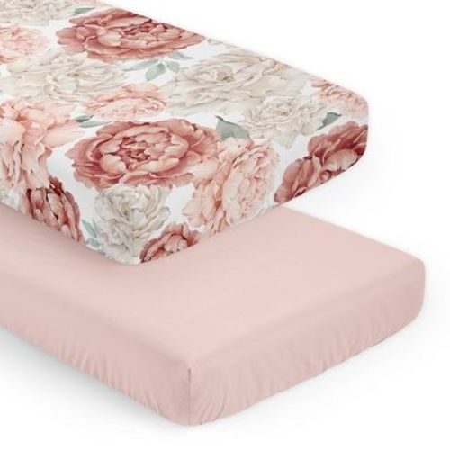 Sweet Jojo Designs Girl Fitted Crib Sheets Set Peony Floral Garden Pink Ivory And Green 2pc