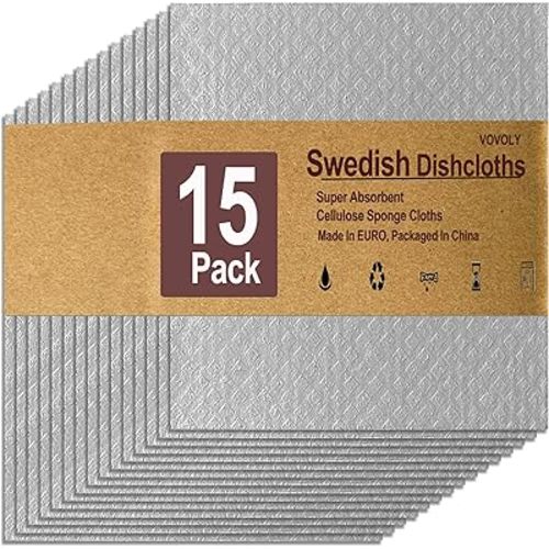Swedish Dish Cloths for Kitchen, Bulk 15 Pack Cellulose Sponge Cloths, Reusable Dish Towels, Dishcloth for Cleaning, No Odor Absorbent sponges Cloths, Eco-Friendly Dish Towels, Gray