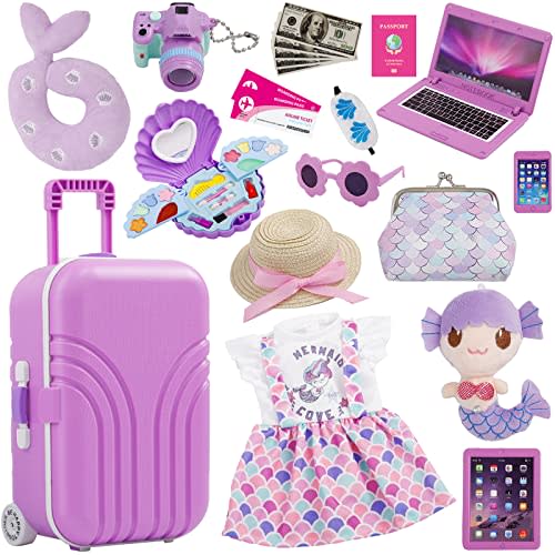 Srua Don 18 Inch Doll Suitcase Travel Luggage Play Set, Mermaid Theme Travel Carrier Storage Accessories for 18inch Doll, Include Case, Clothes, Hat, Sunglasses, Camera, Pillow, Toy Pet