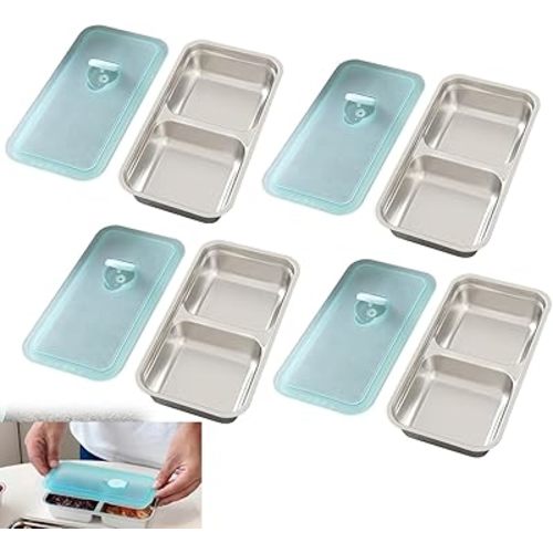 Snack Containers Reusable, Stainless Steel Double Compartment, Dishwasher-Reusable Condiment Containers with Lids